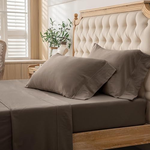 PURE ERA Jersey Knit 4pc Bed Sheet Set 100% T-Shirt Cotton Super Soft Comfy Breathable Fits Mattress Up to 20" Extra Deep Pocket (Solid Brown, Full)