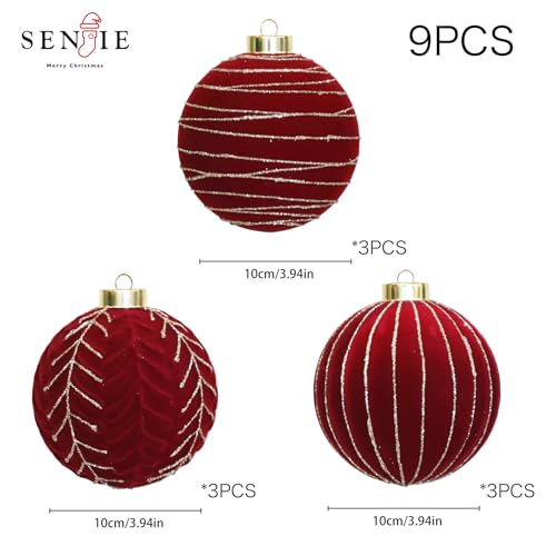Image of 4inch Velvet Ornaments for Christmas Tree, 9PCS Glitter Flocked Christmas Ornaments Decorations Balls Set Decor Red
