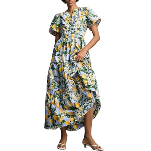 Image of FeMereina Women V-Neck Short Sleeve Long Dress Smocked Waist Pintucked Hem Flowy Dress Ruffle Tiered Maxi Dress with Side Slant Pockets (Lemon Yellow, l)