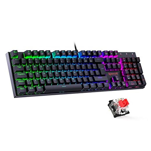 Redragon Mechanische Gaming Tastatur, QWERTZ Tastatur (Deutsches Layout) mit Rote Schalter f¨¹r PC Gamer Arbeits, 105 Tasten Programmierbare Kabelgebundene Tastatur, Stahlgeh?use, RGB Beleuchtung