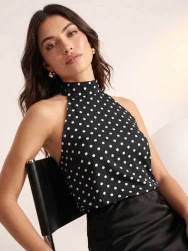 Image of Selvia Crepe Polka Dots Printed Halter Neck Black Top for Women, Tops for Women Western, Top for Women Stylish