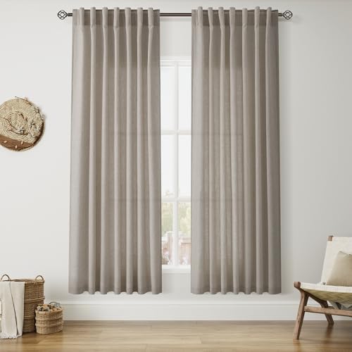 Image of Nanspring Grey Beige Linen Curtains for Living Room 72 Inches Long Luxury Light Filtering Semi Sheer Curtain Back Tab Simple Modern Neutral Elegant Boho Gray Drapes for Bedroom 52x72, 2 Panels
