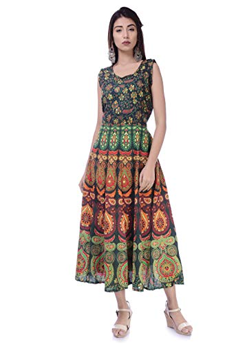 Image of Women's Cotton Barmeri Rajasthani Jaipuri Sanganeri Traditional Printed Kurti Long Naptol Midi Maxi Dress (Free Size Up to XXL) (Multi 15)