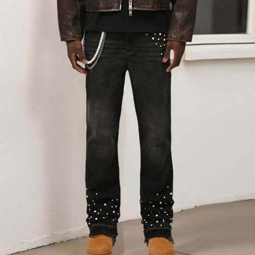 Men Pearl Jeans Stretch Washed Denim Pants Straight Fit High Waist Cargo Denim Pants3