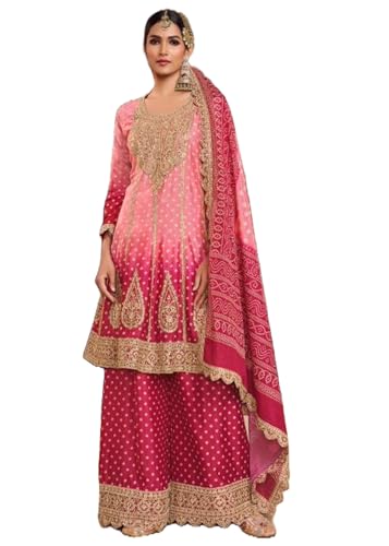 Costume Sharara femme en soie indienne Chinon rose imprimée