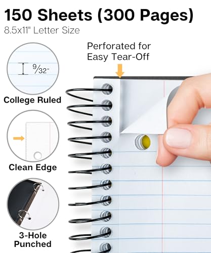 Image of Dunwell 3-Subject Notebook College Ruled 8.5 x 11 (Black), 150 Sheets (300 Pages), Spiral Notebook 8.5x11 with Tabs, Movable Dividers, Storage Pockets, Protective Plastic Covers