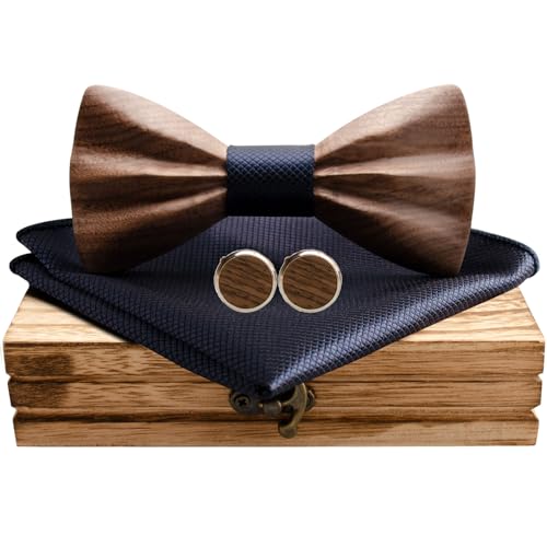 Mr.Van Holzfliege, Holz Fliege Herren 3D Natürliche Schwarze Walnuss Manschettenknöpfe Einstecktuch Set Bräutigam Trauzeuge Hochzeit Abschlussball mit Geschenkbox für Männer