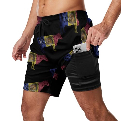 Andorran Flag Bull Cow Beach Shorts for Men Swim Trunks Quick Dry Swim Shorts with Compression Liner Pocket2