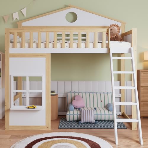 Litera, Cama-casa, con Escalera, con protección anticaídas y barandilla, Cama Infantil con Techo y Ventana, Cama Inferior configurable, Estructura de Pino, Pino+MDF, Blanco+Natural, 90x200cm