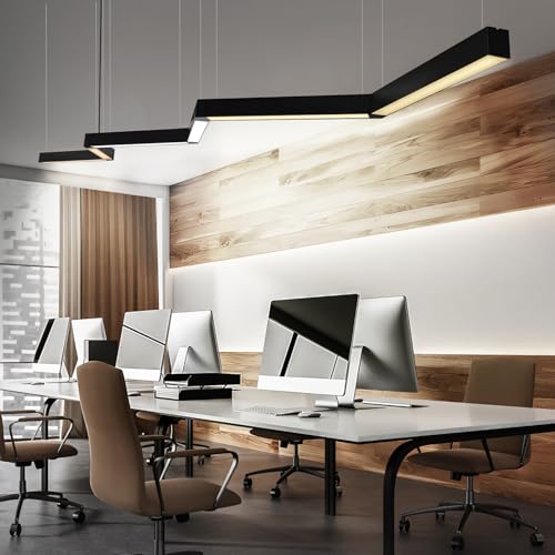 be studied 12FT LED Linear Light, 150W Pendant Light Fixtures, 0~10V Remote Switch, 3000K 4000K 6000K Color Changing Function, Combination Black Ceiling Shop Light, Suspended Office Lighting Fixture