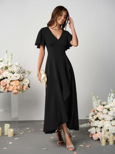 SCOMCHIC Women Wedding Guest Dresses Formal Evening Party Cocktail Short Sleeve V Neck Ruffle Split Flowy Maxi Dress4