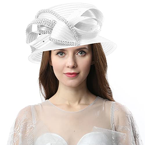 Women Gorgeous Rhinestone Tea Party Dress Bowler Cloche Bucket Derby Church Hat (White)