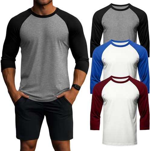 Geyoga Paquete De 3 Camisetas para Hombre De Manga 3/4, Cuello Redondo, Estilo Béisbol, Transpirables Y Deportivas(Gris Mezclado Negro/Blanco Azul Real/Blanco Rojo,L)