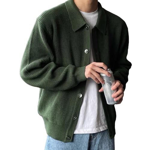 Men Ribbed Button Front Cardigan Sweater Collared Knitwear Long Sleeve Casual Fit Pullover