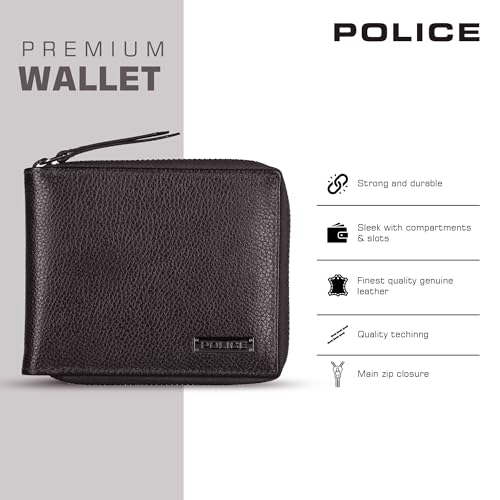 Police Branded Wallet for Men Leather Original | Premium Slim Zip Wallet for Men Stylish Money Bifold Genuine Leather Gents Purse with 10 Card Slots with - Brown