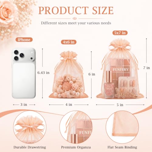Image of FUNFERY 100PCS Peach Champagne Organza Gift Bags 5x7in,Drawstring Pouch