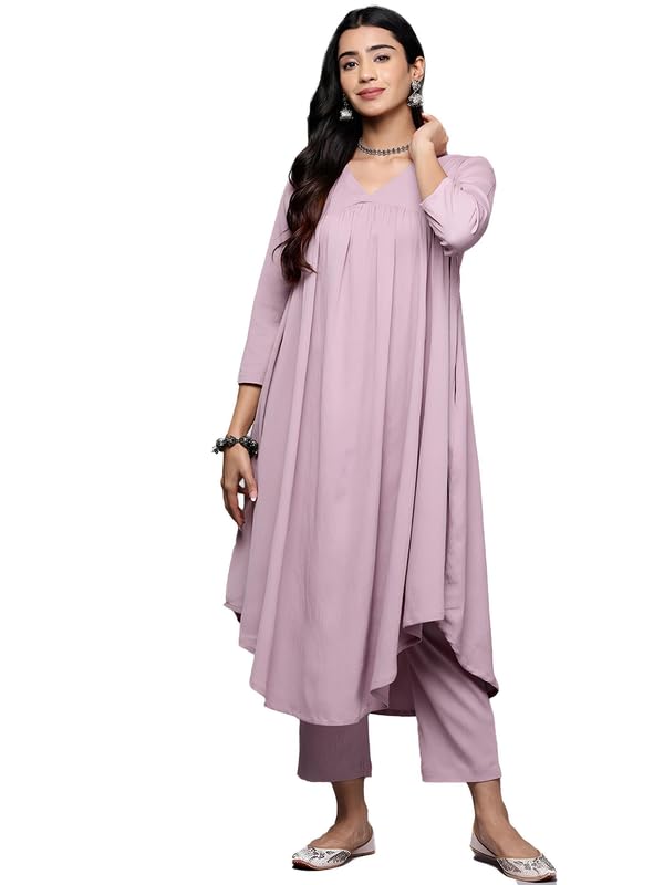 Varanga Women Pink Empire Gathered Details A-Line Kurta With V-Neck, Three-Quarter Sleeves, Paired With Tonal Bottom