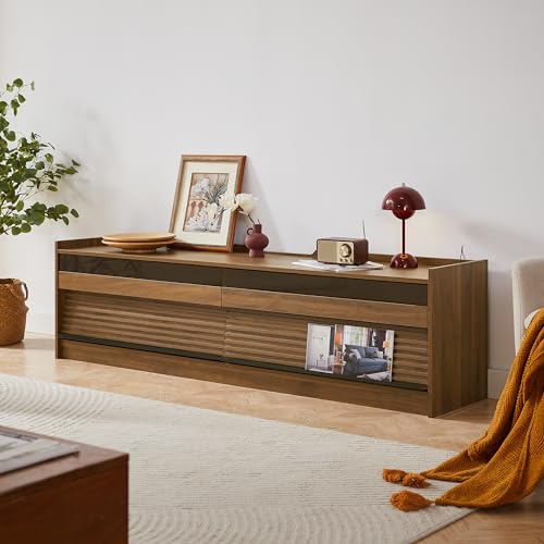 Merax Modern TV Stand with Storage, 4 Drawer Design with Tempered Glass, Built-in Charging Ports and Ambient LED Lighting, TV Cabinet Up to 75" for Living Room, Walnut -  JY00543