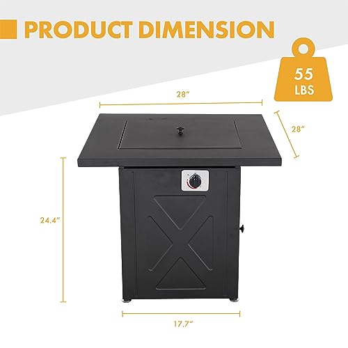Propane Fire Pit Table, 28 Inch Square Outdoor Gas Fire Pits Clearance 50,000 BTU with Steel Tabletop, Removable Lid, Lava Rocks for Outside Patio, Garden, Deck, Yard…