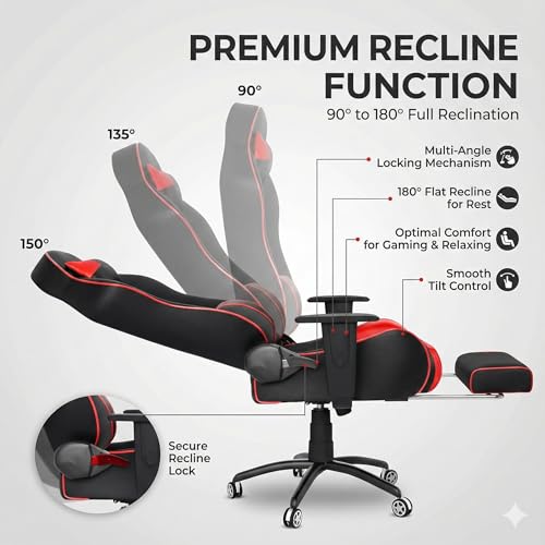 Image of ASE GAMING Gold Series Ergonomic Gaming Chair with Footrest Premium PU Leather, Adjustable Neck & Lumbar Pillow, 180 Degree Recline with Black Metal Base with 3 Years Warranty (Red)