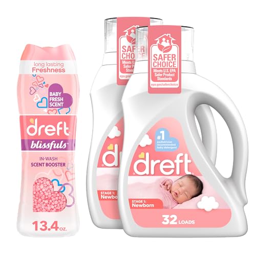 Image of Bundle of Dreft Stage 1: Newborn Hypoallergenic Baby Laundry Detergent Liquid Soap, 46 Fl Oz, (Pack of 2) + Dreft Blissfuls In-Wash Scent Booster Beads, Baby Fresh, 13.4 oz