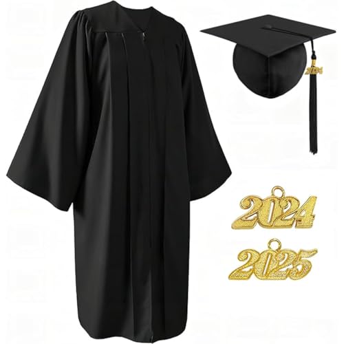 YIIOSS Unisex Matte Graduation Cap and Gown 2025 2026 with Tassel for High School and College Graduation Black