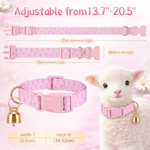Image of Goat Collar with Bell, Sheep Grazing Copper Bells and Adjustable Nylon Collar Set Loud Bronze Bell for Summer Small Farm Animal Sheep Cow Dog Accessories Gift(Pink Bow)