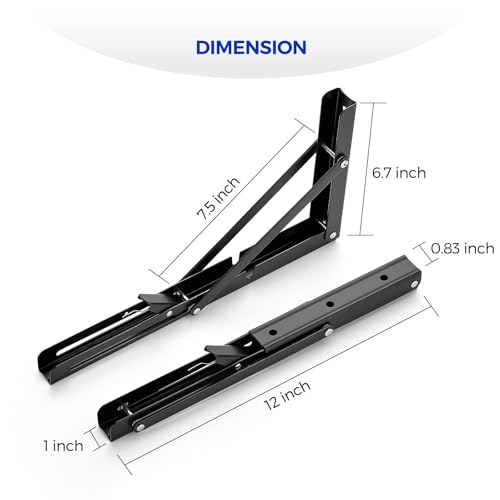 Image of Ravinte 4 Pack 12 Inch Folding Shelf Brackets - Matte Black, Heavy Duty Collapsible Brackets for Tables and Benches - Space-Saving Design