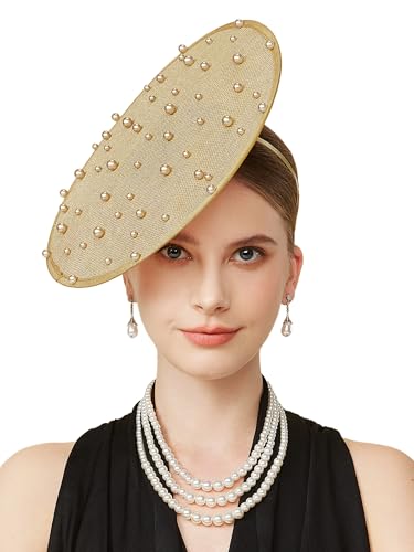 Coucoland Fascinator Hat Cocktail Tea Party Fascinator Derby Headband Flat Kentucky Fascinators for Wedding Gold