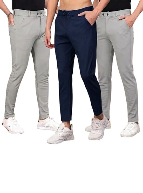 Image of Men Slim Fit Formal Trousers | Stylish Ankle Length Stretchable Office Pants | Men's Comfortable Slim Fit Trousers Combo Pack of 3