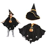 DASIAUTOEM Halloween Kostüm Kinder, Halloween Schwarz Fledermaus Umhang mit Hut Mädchen, Kürbis Kostüm Mädchen, für Halloween, Fasching, Karneval, Bühnenperformance, Geeignet für Höhe 90-150cm