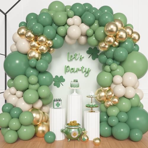 Image of Ouddy Life 157Pcs Green Balloon Arch Garland Kit, Sage Green White Sand Gold Latex Confetti Balloons Different Size for Baby Shower Birthday Wedding Jungle Party Safari Baptism Decorations