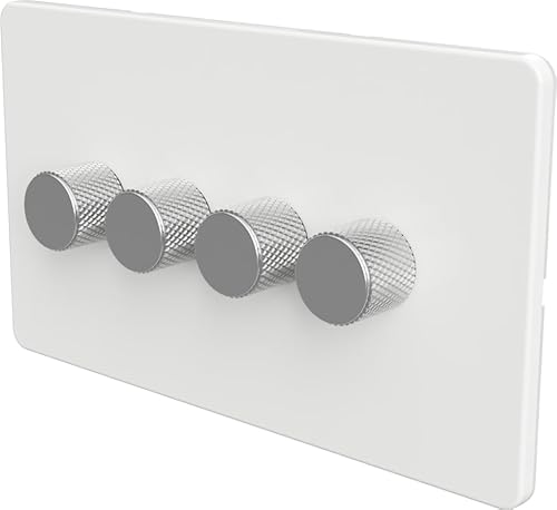 SAMOTECH Smart Matter Dimmer Switch Push On/Off-Rotary control for LED and Halogen Lights - Plastic Faceplate & Metallic Knob - White/Silver 4-Gang