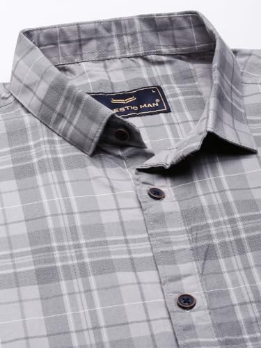 Image of Majestic Man Men Comfort Slim Fit Opaque Checked Pure Cotton Casual Shirt