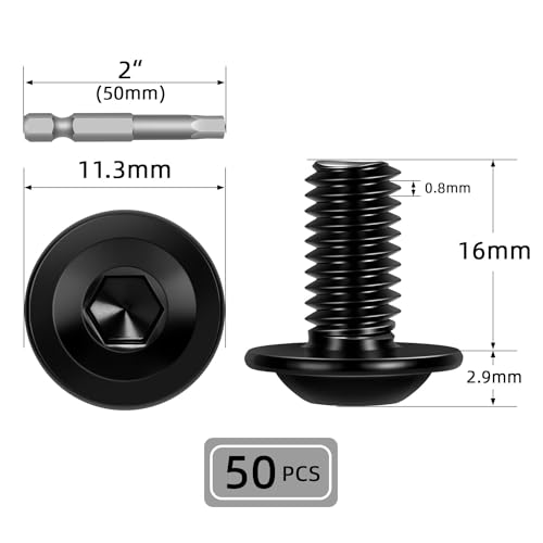 Image of M5-0.8 x 16mm 50 PCS Flanged Button Head Socket Cap Bolts Screws, Stainless Steel 304, Allen Socket Drive, Screwdriver Bit Included, Black Finish, Fully Machine Thread