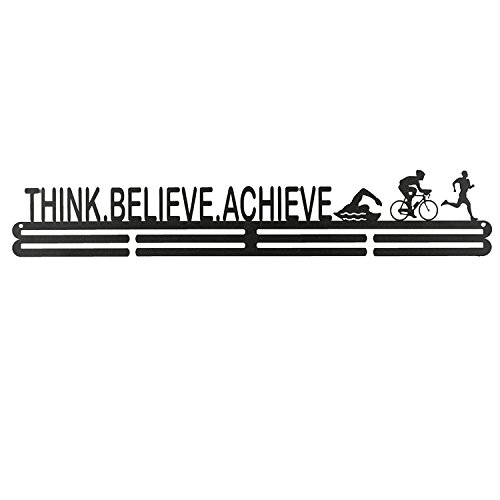 Image of Medal Hanger - Black Metal Wall Medal Holder (56 cm) | Think Believe Achieve | Medal Display for 40+ Medals | Running, Swimming, Cycling, Triathlon