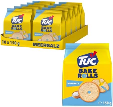 TUC Bake Rolls Meersalz, Brotchips, 150 g (10er-Pack) | Knusprige doppelt gebackene Brotchips mit Meersalz, ideal zum Snacken, für Partys & Dips, vegetarisch