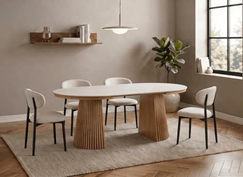 DecoInParis Table à Manger Ronde Extensible en Bois Clair avec Plateau en céramique Blanc HEKA