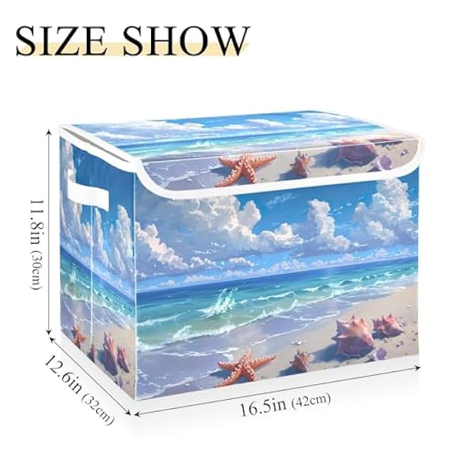 Kigai Beach Shells Foldable Storage Bin Cube Organizer Basket with Flip-Top Lid, Clothes Blanket Box for Home, Office, Closet
