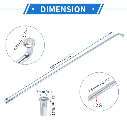 VekAuto 1 Set Bicycle Spokes 12G 160mm Length Bike Wheel Spokes Universal Carbon Steel Galvanized Silver Tone Nipple - Thumbnail 5