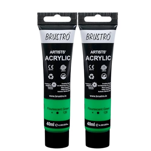 Image of BRUSTRO Artists Acrylic Paint Tube | 40ml, Fluorescent Green (Pack of 2)|Non-Toxic,Water Based,Inter Mixable,Ideal for Painting,Textured Effects on Canvas,Paper,Fine Art Student and Professionals