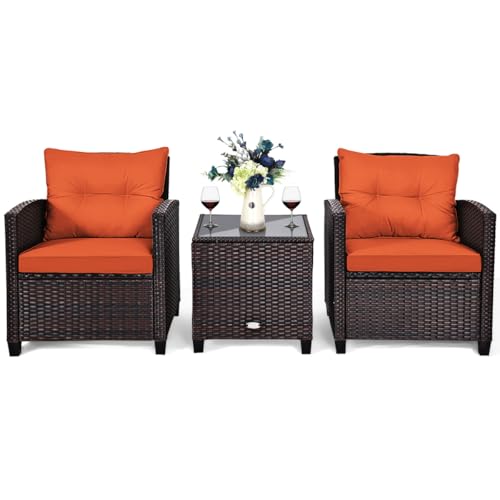 Image of Tangkula 3 Pieces Patio Furniture Set, PE Rattan Wicker 3 Pcs Outdoor Sofa Set w /Washable Cushion and Tempered Glass Tabletop, Conversation Furniture for Garden Poolside Balcony (Orange)