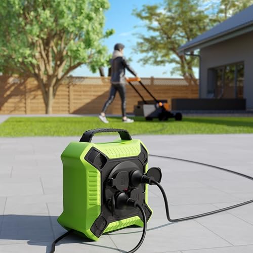 Enrollacables 10m MutecPower IP44 exterior con 4 tomas schuko y cable negro 4