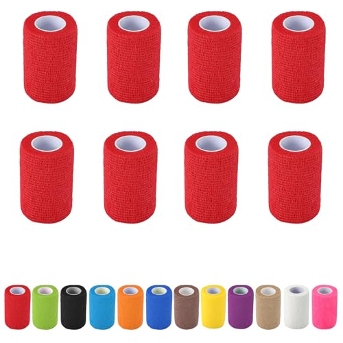 8 Pack Self Adhesive Bandage Wrap, 7.5cm x 4.5m Non-Woven Self Adherent Cohesive Bandage, Vet Wrap Wound Tape for Thumb Finger Wrist Knee Ankle, Red