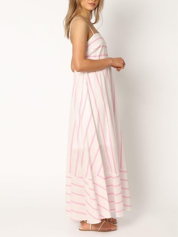 Image of Women Striped Maxi Dress Smocked Backless Spaghetti Strap Long Flowy Dress Sleeveless Boho Aline Sundress