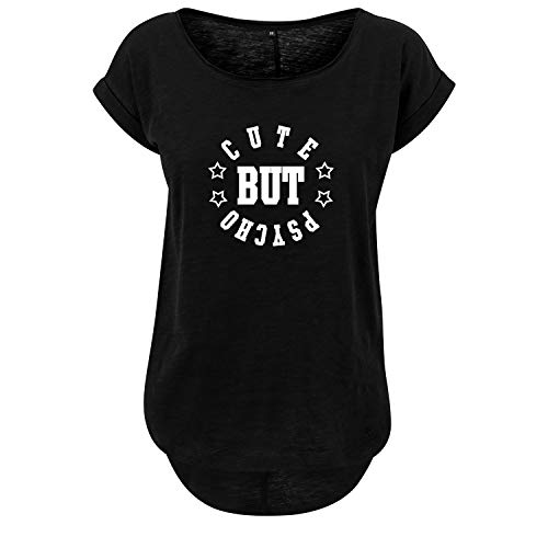 Cute but Psycho Damen Long Back Shaped Tshirt lässiges Shirt mit Print Sommer Top (344 B36 Schwarz L)