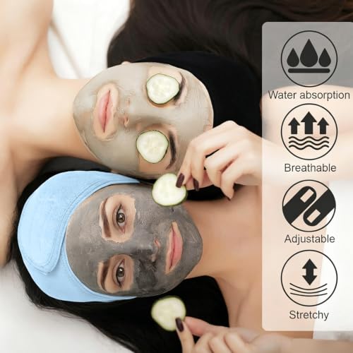 Image of Whaline 3Pcs Spa Facial Headbands Make Up Wrap Head Terry Cloth Headband Soft Adjustable Towel Band for Face Washing Shower Facial Cover Yoga (White, Black, Light Blue)