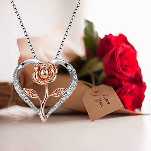 Klurent Rose Necklace for Women, Christmas Necklace with Gift Box, Rose Gold Flower Silver Heart Pendant Unique Necklaces Gift for Wife, Mom, Girlfriend on Christmas, Birthday, Anniversary