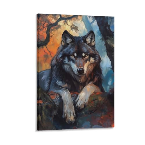 Affiche loup peinture sur toile 50x75cm pour décoration salon