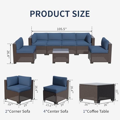Image of 7 Piece Patio Furniture Set, Wicker Patio Conversation Sets, Outdoor Sectional Furniture with Tempered Glass Table, for Backyard, Deck, Garden, Dark Brown Rattan & Navy Blue Cushions